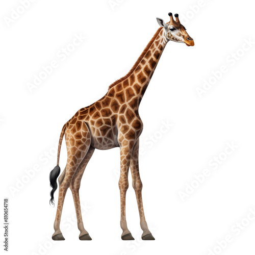 The image shows a tall giraffe standing on the ground. The giraffe has a long neck and a spotted coat. It is looking at the camera.
