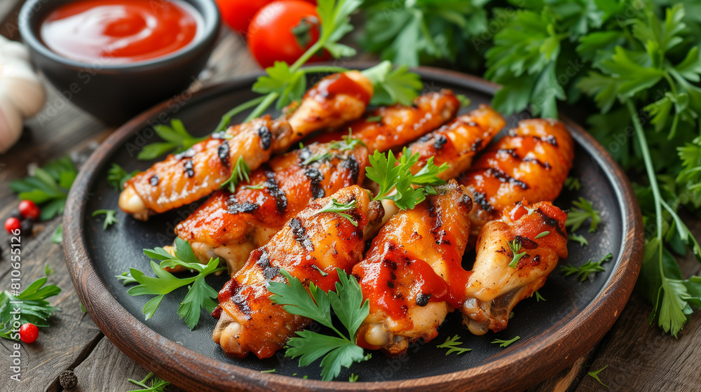 Grilled sticky chicken wings garnished with parsley and served with ketchup on a rustic wooden table. Grilled sticky chicken wings garnished with parsley and served with ketchup on a rustic wooden table.