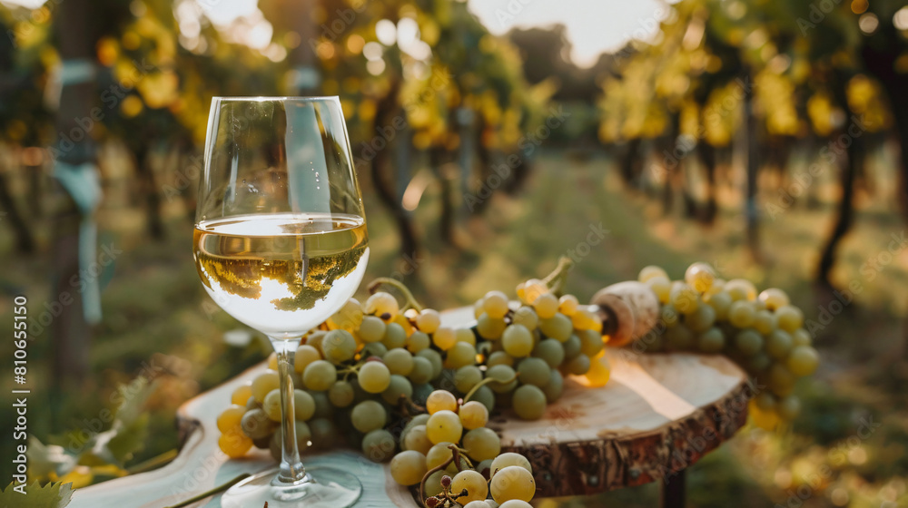 Tasty white wine on table in vineyard