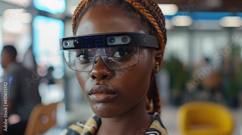 The close up picture of the african american software engineer female is wearing the smart glasses and working inside office, the software engineer require skills like programming and language. AIG43.