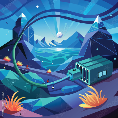 Underwater data cables. Deep-sea internet connection technology. Global communication network. Low poly vector illustration with 3D effect on ocean background.