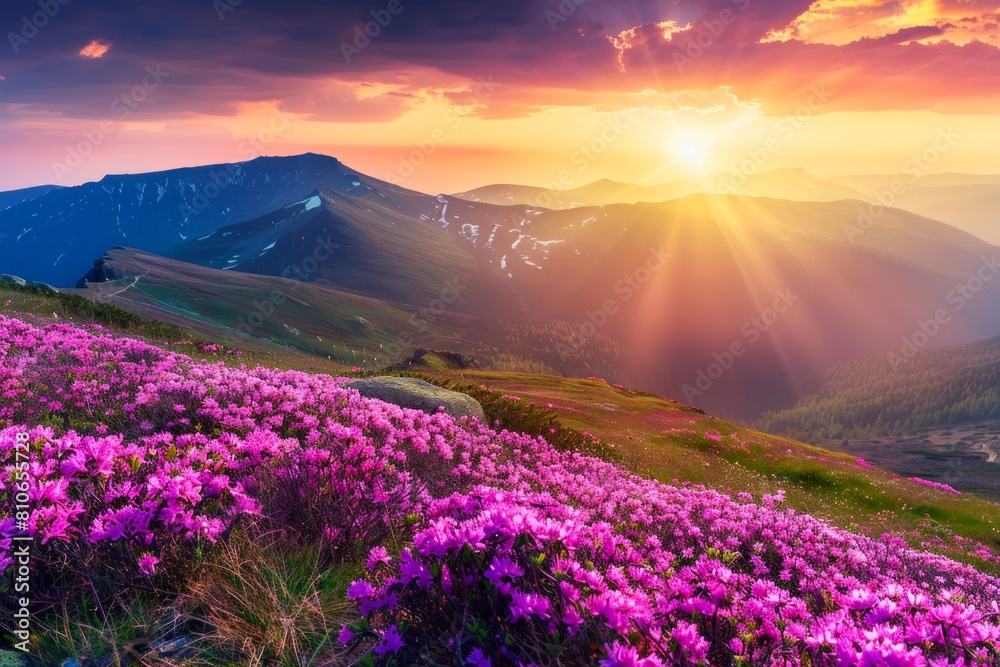 Sunset Over a Blooming Purple Mountain Meadow During Springtime Sunset Over a Blooming Purple Mountain Meadow During Springtime
