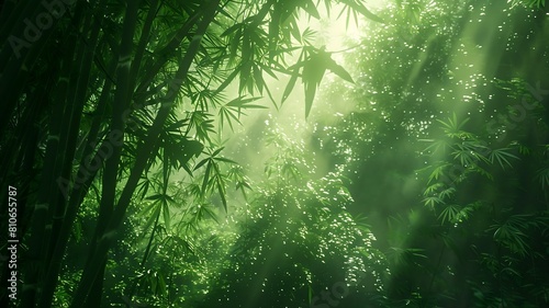  A tranquil bamboo forest with shafts of sunlight piercing through the dense foliage  illuminating the lush green undergrowth. .  