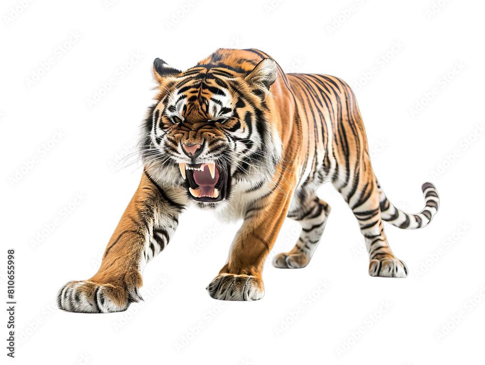 A fierce tiger roars, showing its sharp teeth and claws, isolated on transperent background.