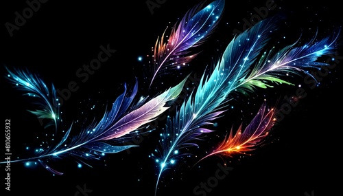 Vivid Feather Shapes with Glowing Particles on Dark Background