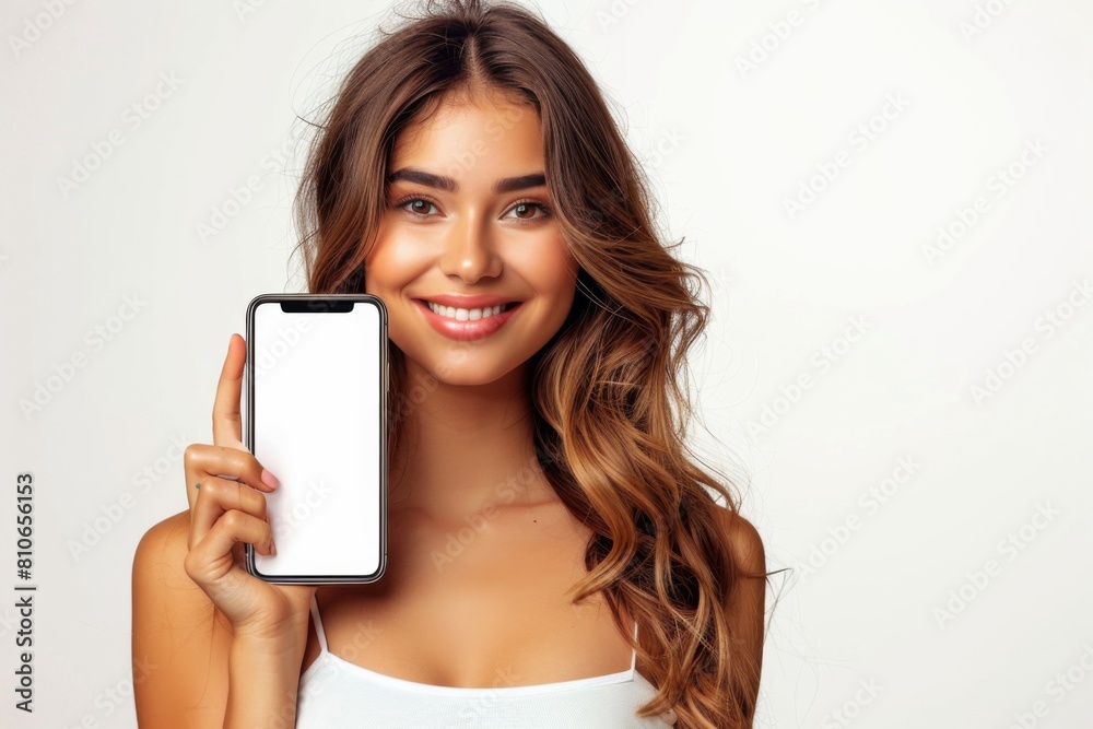 Woman Showcasing Smartphone Mockup created with Generative AI Woman Showcasing Smartphone Mockup created with Generative AI