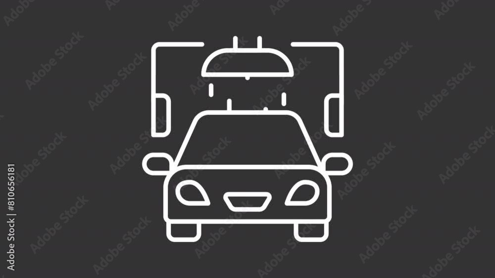 Auto wash white line animation. Animated car wash machine icon. Vehicle service. Automated car wash. Clean automobile. Isolated illustration on dark background. Transition alpha video. Motion graphic Auto wash white line animation. Animated car wash machine icon. Vehicle service. Automated car wash. Clean automobile. Isolated illustration on dark background. Transition alpha video. Motion graphic