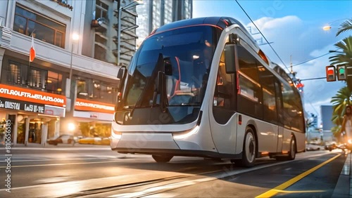 Selfdriving electric bus using advanced stree. Concept Smart City Planning, Autonomous Vehicles, Sustainable Transportation, Urban Infrastructure, Green Technology photo
