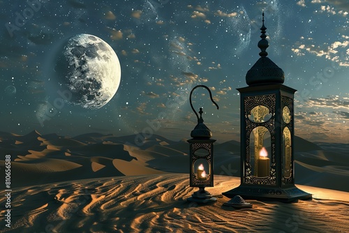 Arabia, Sahara, lantern, and moon setup for a festive moment. Generative Ai