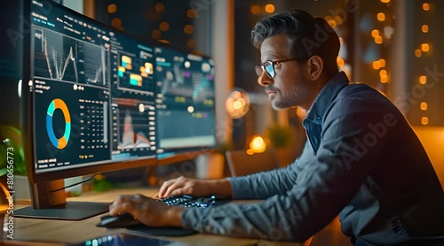 A young man is sitting in front of a computer working after work.