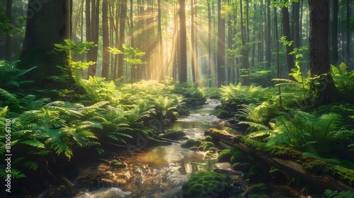  A serene forest lake surrounded by towering evergreens, with reflections of the verdant canopy dancing on its glassy surface. . 