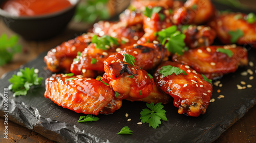 Grilled sticky chicken wings coated in sweet and spicy sauce, garnished with parsley and sesame seeds, served on a slate platter