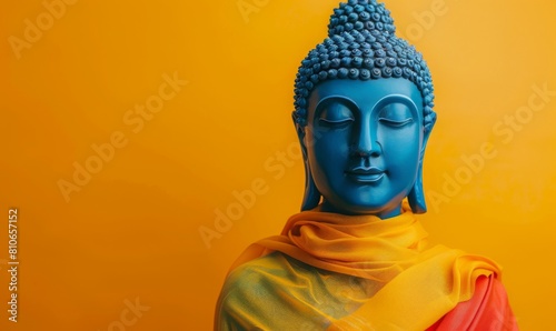 buddha statue wearing glasses and trendy fashion style. contemporary art on yellow background.