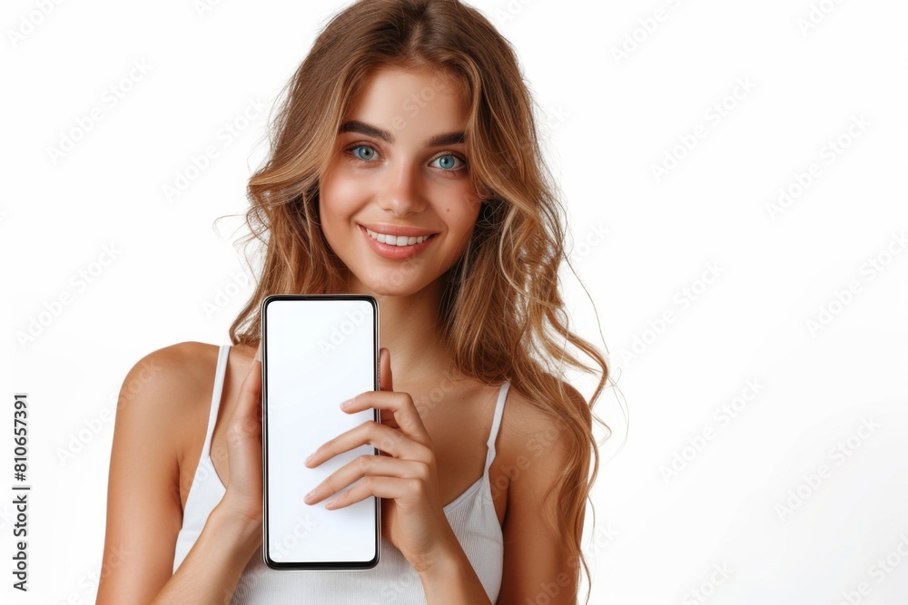 Woman Showcasing Smartphone Mockup created with Generative AI Woman Showcasing Smartphone Mockup created with Generative AI