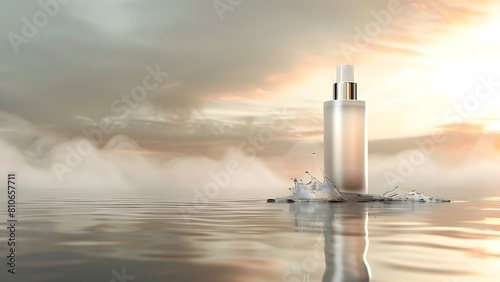 Product Branding Concept  Mockup of White Cosmetic Bottle on Water Surface. Concept Product Branding  Mockup Photography  White Cosmetic Bottle  Water Surface  Branding Concept