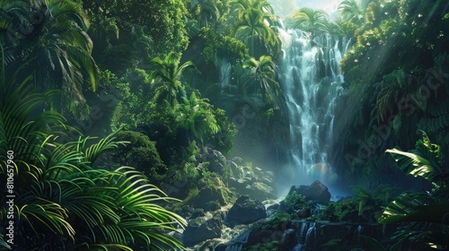 A cascading waterfall surrounded by lush foliage, showcasing the pristine beauty of untouched nature.