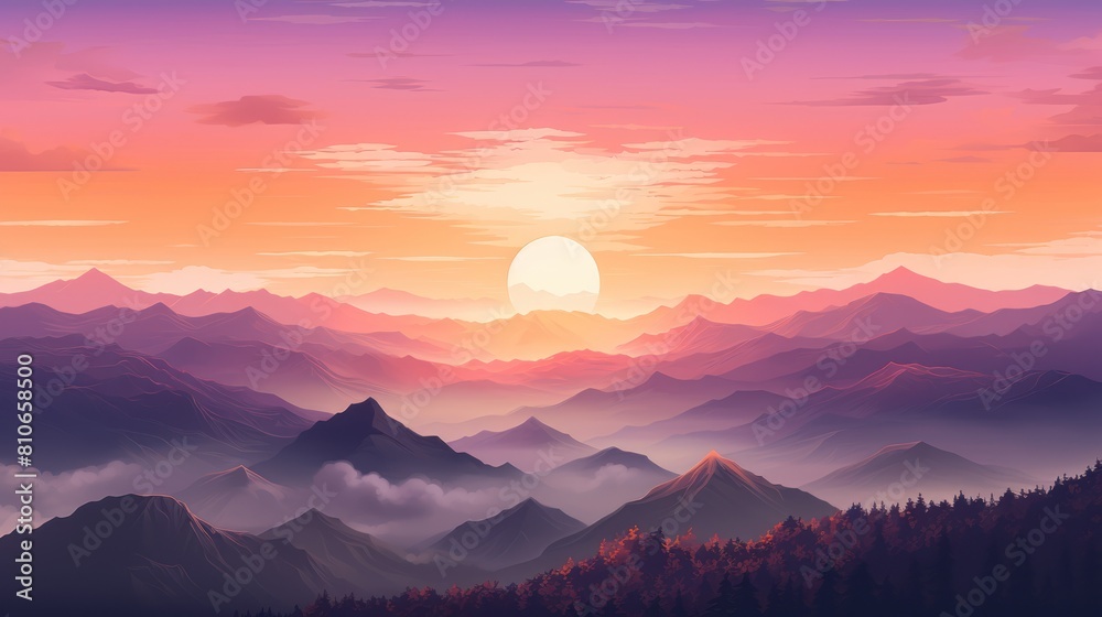 Fototapeta premium sunset over a rugged mountain landscape, with the sun painting the sky in hues of orange, 