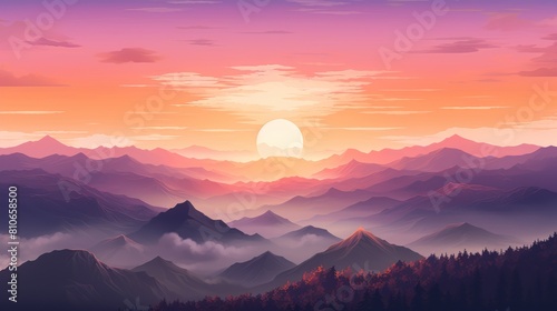 sunset over a rugged mountain landscape, with the sun painting the sky in hues of orange, 