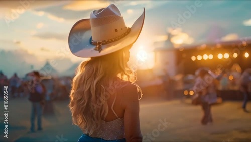 Woman in cowboy hat at country music festival listening to live band. Concept Music Festival Outfit, Cowboy Hats, Western Fashion, Live Music, Outdoor Concerts photo