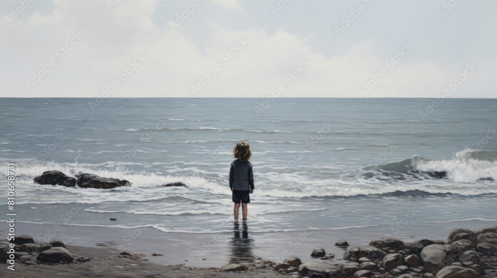 A child stands at the water's edge, curiosity, education A child stands at the water's edge, curiosity, education
