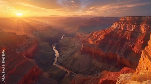 Na zdjęciu widać zachodzące słońce nad Wielkim Kanionem, co sprawia, że krajobraz nabiera intensywnych kolorów. Głębokie piękno kanionu jawi się w kontraście ze schodzącym słońcem photo