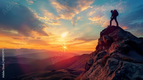 The silhouette of a man on top of a mountain photo