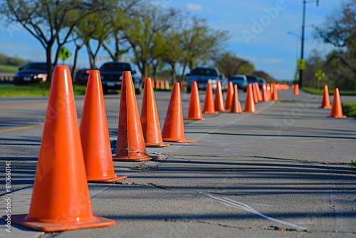 There's a row of orange traffic cones on the side. Generative Ai