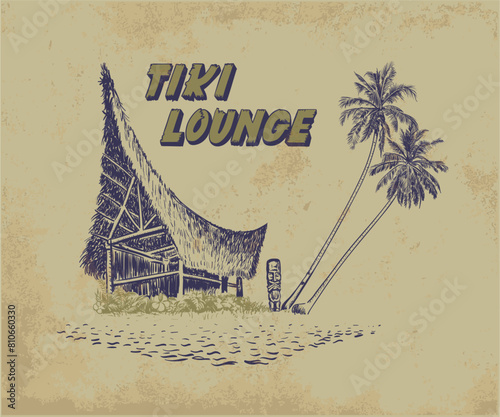 hawaii tiki lounge vector drawing, retro vintage summer island artwork for t shirt, poster, graphic print, surfing beach