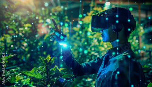 A woman wearing a VR headset is picking lettuce in a greenhouse by AI generated image