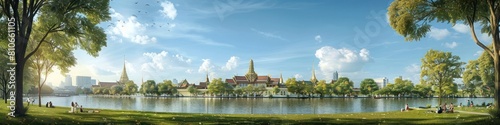 Serene Public Park with Panoramic Views of Bangkok s Historic Grand Palace