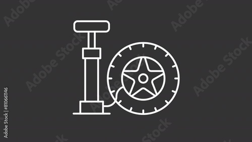 Animated air pump white icon. Car tire and hand pump line animation. Maintenance service. Tire pressure. Isolated illustration on dark background. Transition alpha video. Motion graphic photo