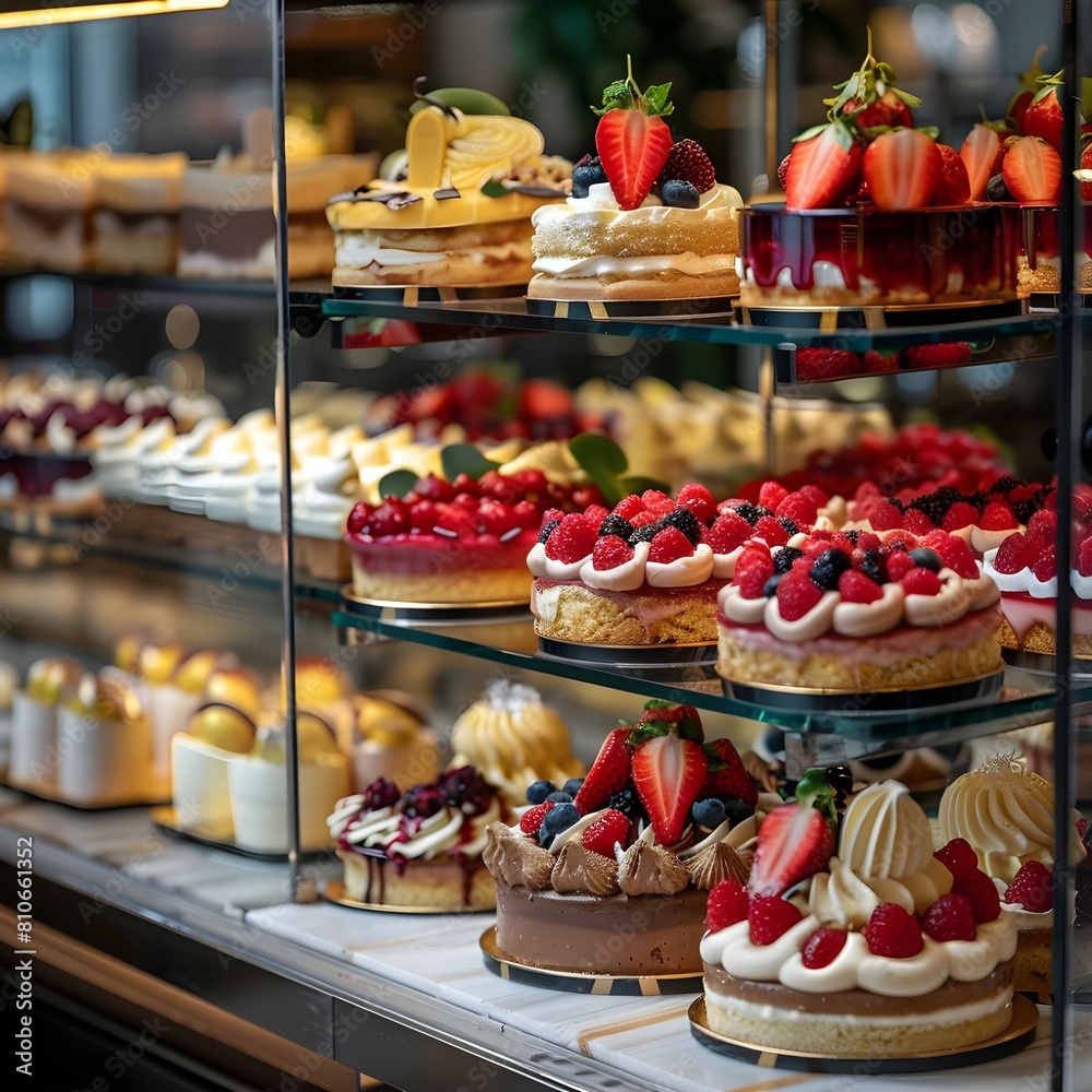 A display of cakes and desserts including raspberries and raspberries
