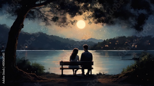 A couple, hand in hand, shares a moment of intimacy on a secluded lakeside bench, 