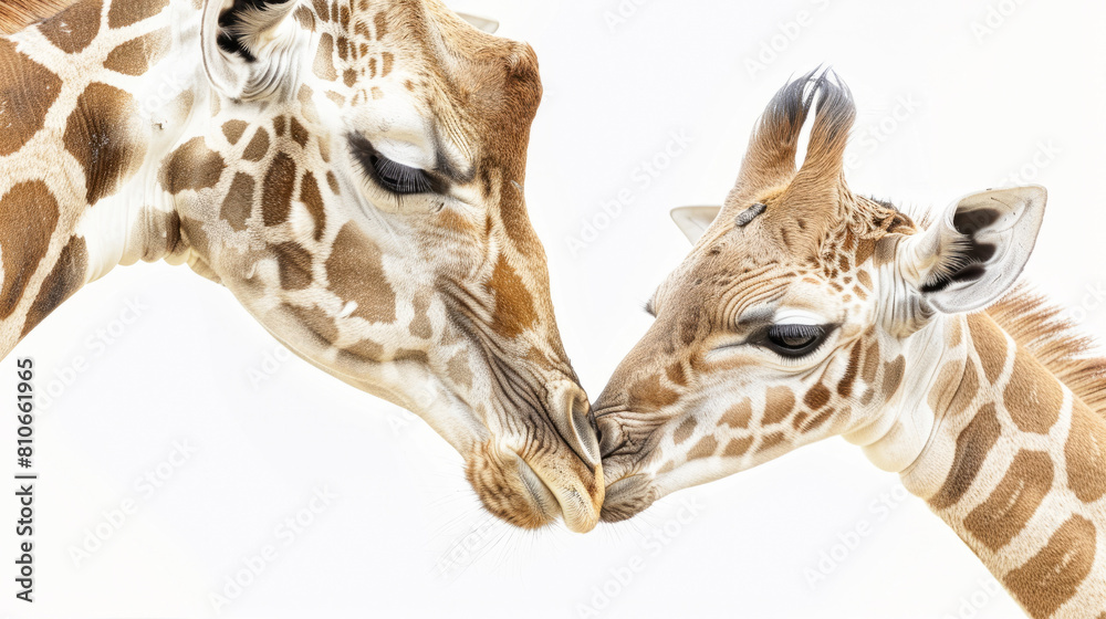 Obraz premium A touching scene of a giraffe mother and baby gently touching foreheads against a white background, emphasizing their bond