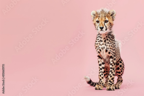 An isolated young cheetah cub standing with a soft pink background, looking slightly to the side, embodying vulnerability © 18042011