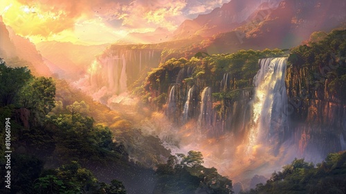 A breathtaking view of a cascading waterfall, surrounded by lush greenery, with the sun casting golden hues on the mist. photo