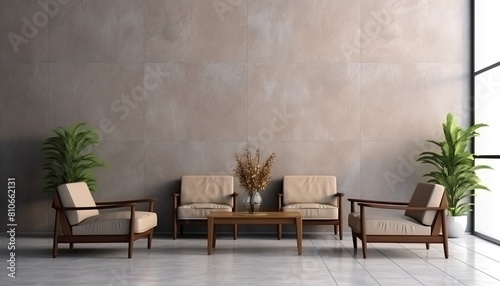 Modern stylish living room with chairs, fashionable living room interior with wooden furniture with wooden table