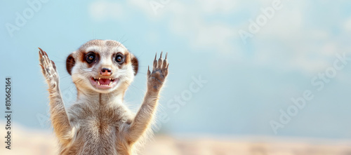 A playful meerkat standing upright and waving as if greeting, set against a bright blue sky, depicting a lively and welcoming posture
