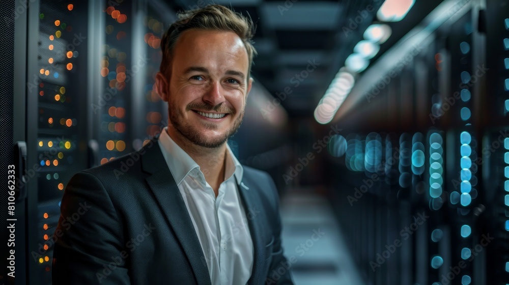 Portrait of Smiling Man in Black Suit and White Shirt Standing Against a Dark Server Room with Ambient Lighting, Symbolizing Professionalism in Technology Environment	