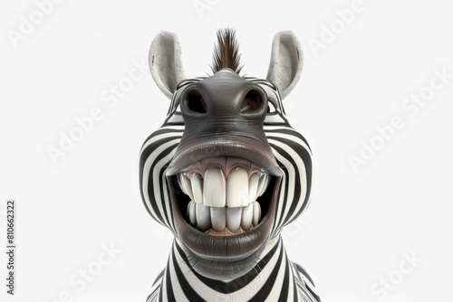 An amusing image of a zebra with exaggerated facial features  displaying a wide  toothy smile on a clean white background