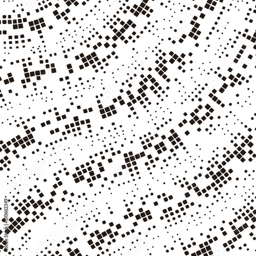 Dispersed background. Disintegration pixel effect illustration. Vector rectangle elements. Disappear transform rectangle texture. Dissolved filled square. Vector graphic.