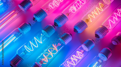 A collection of glowing fluorescent light bulbs, vibrant, hd, with copy space photo