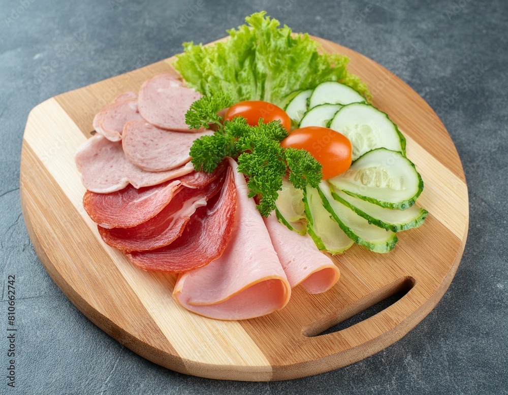 A cutting board with assorted meat and fresh vegetables