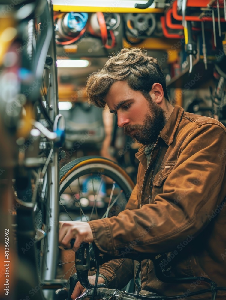 A man is working on a bicycle in a workshop