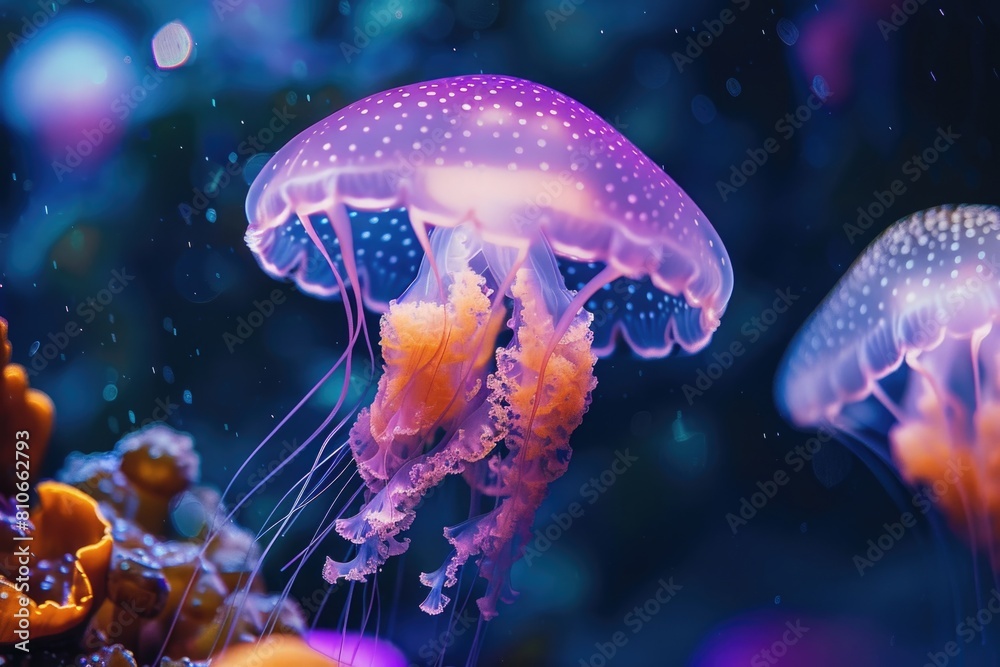 A jellyfish with orange and purple spots is floating in the water