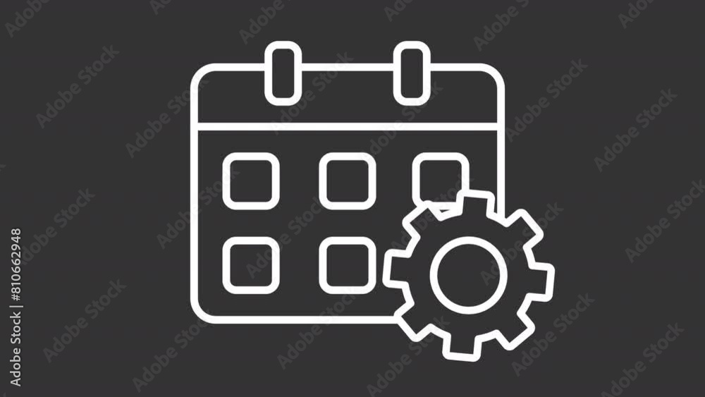 Repair date white line animation. Animated calendar and cogwheel icon. Scheduled maintenance. Repair service. Isolated illustration on dark background. Transition alpha video. Motion graphic Repair date white line animation. Animated calendar and cogwheel icon. Scheduled maintenance. Repair service. Isolated illustration on dark background. Transition alpha video. Motion graphic