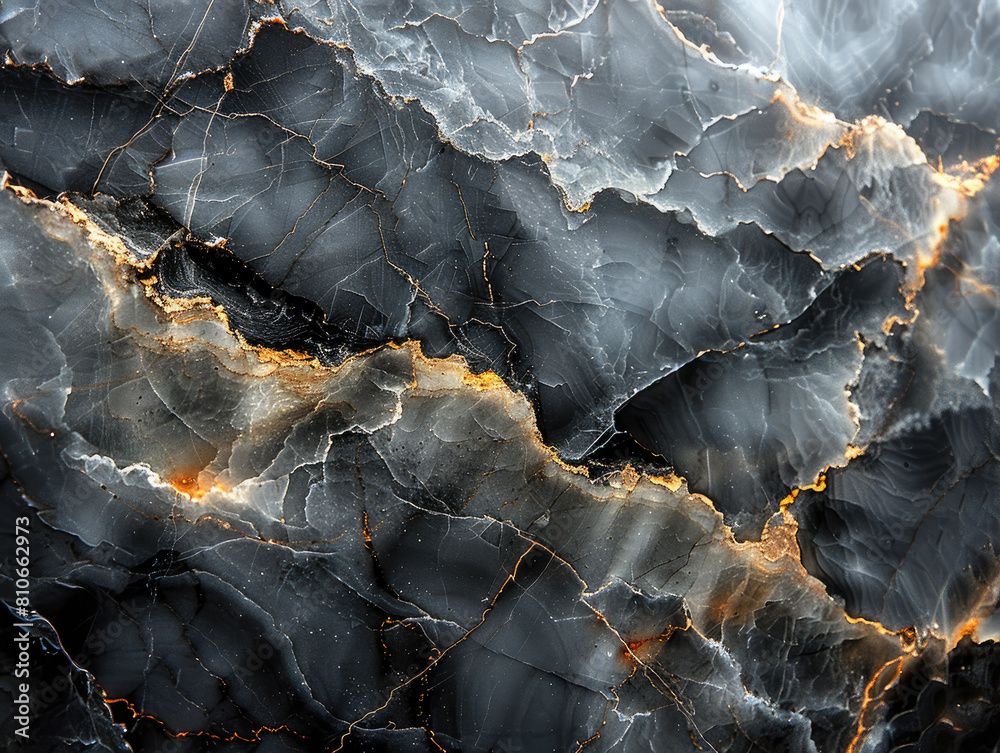 A closeup of the surface texture of black marble with golden veins, showcasing its intricate patterns and natural beauty. Created with Ai