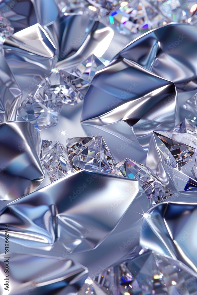 A close up of a bunch of shiny, reflective, diamond-like shapes A close up of a bunch of shiny, reflective, diamond-like shapes