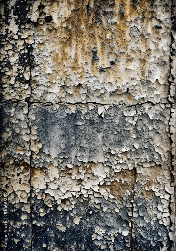 Obraz premium Old grunge wall texture with peeling paint. Urban decay wallpaper background. Detailed shot of weathered paint on plaster and brick.