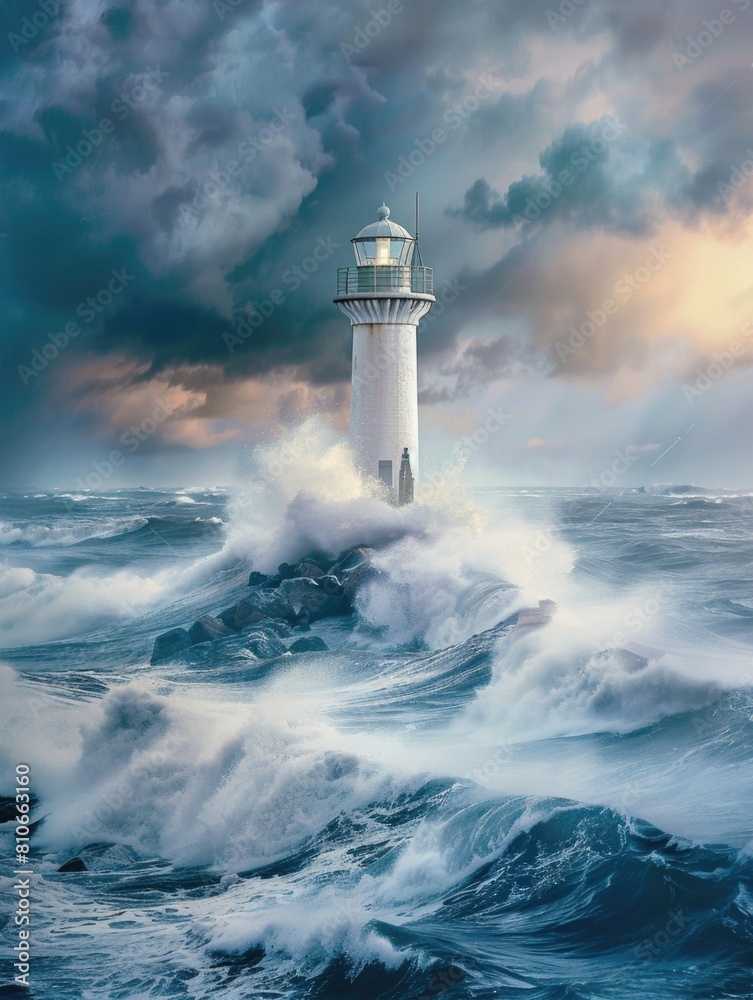 A lighthouse is in the middle of a rough sea with crashing waves